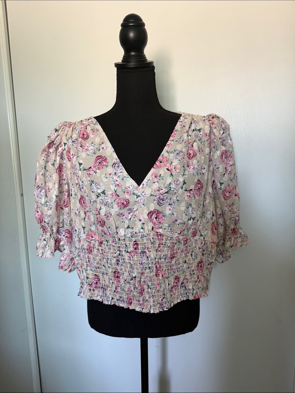 Express -  Pink Floral V-Neck Smocked Waist Blouse | Sz XL